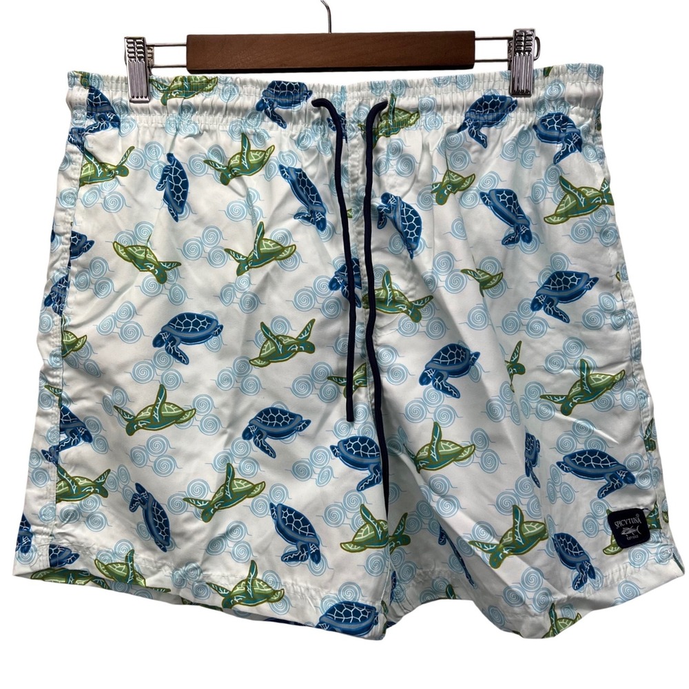 Spicy Tuna Swim Trunks Mens XL White Blue Green Turtle Print Mesh Lined Shorts